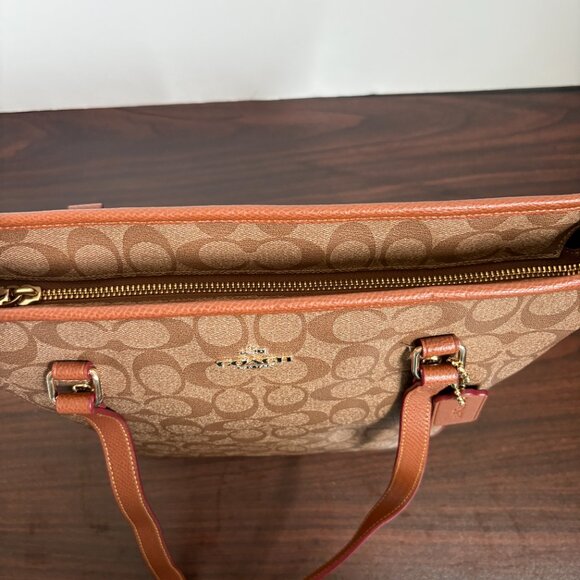 Coach Brown Signature Logo Coated Canvas Shoulder Bag F34603 ZipTop Tote - Picture 9 of 12